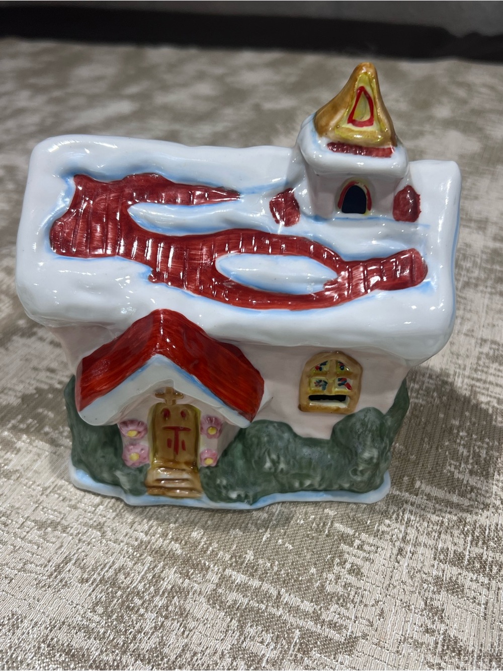 Ceramic Hand Painted Snowy Christmas Village House Tealight Holder, 4 in